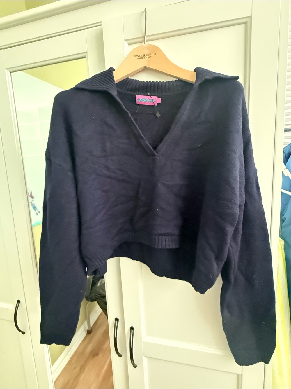 Edikted Navy Cropped V-Neck Sweater with Collar